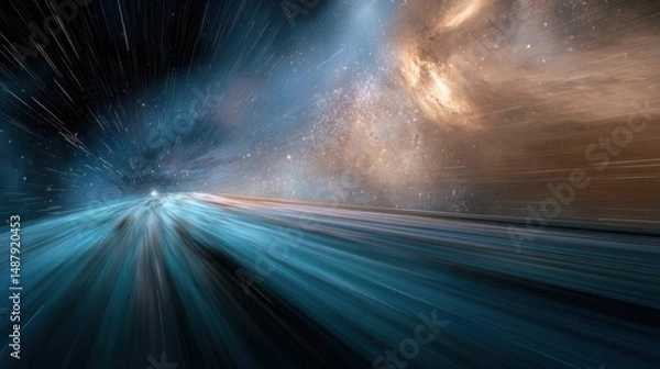 Fototapeta Hyperspace journey: A vibrant teal and gold nebula landscape unfolds before a speeding spacecraft, streaking across the cosmos with light trails. : Generative AI