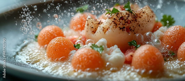 Fototapeta Splashed melon, cauliflower, pear dish