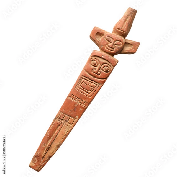 Fototapeta A Terracotta Arrow with Moche Warrior Motifs Isolated on Transparent Background