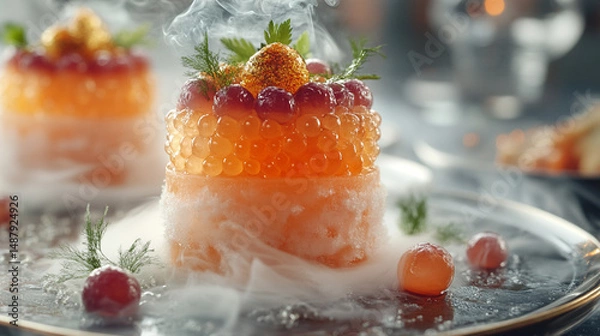 Fototapeta Smoky salmon roe appetizer on plate, fine dining background