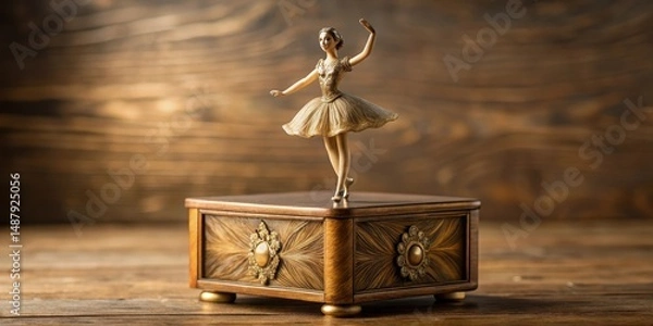 Fototapeta Intricately carved wooden music box with golden accents and delicate ballerina dancing to a gentle melody, serene ambiance, vintage aesthetic