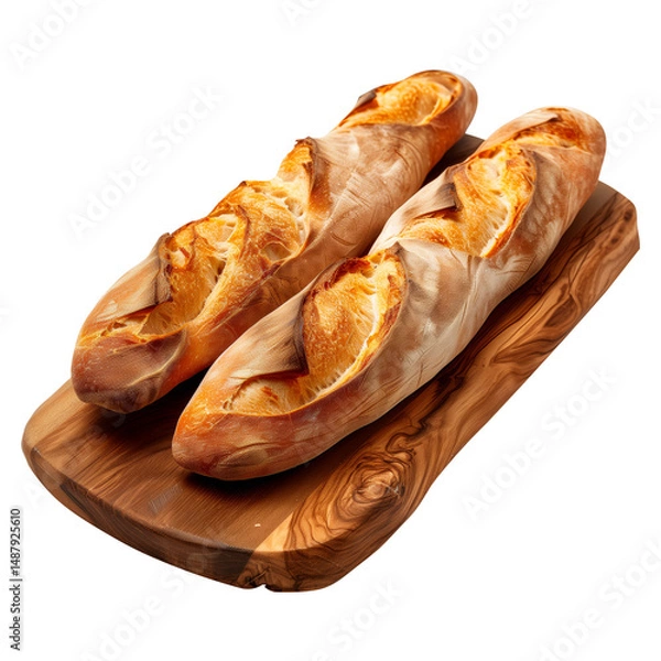 Fototapeta French baguette loaf on a plate, isolated on a transparent background. Crusty artisan bread with golden crust, traditional bakery product for packaging and food design.