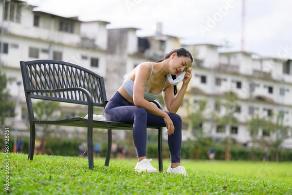 Fototapeta Exhausted young asian sportswoman wiping sweat with towel while resting on bench after training in park