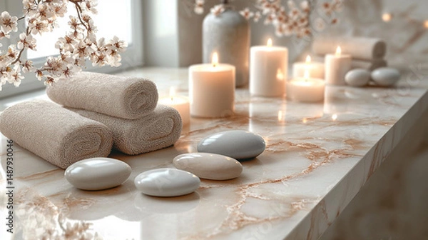 Fototapeta Spa towels, candles, stones on marble by window with blossoms