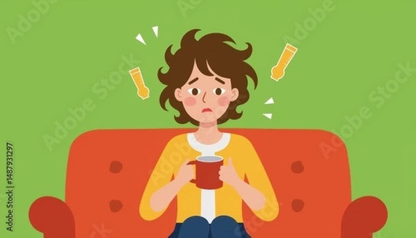Obraz Young woman sitting on couch holding coffee mug with a worried expression  