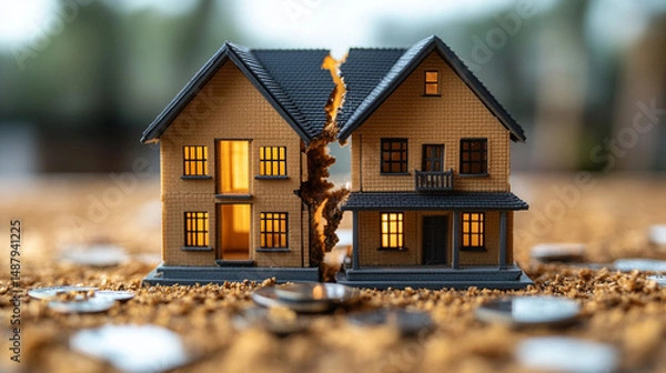 Fototapeta Split house model on coins, blurred background, symbolizing financial trouble