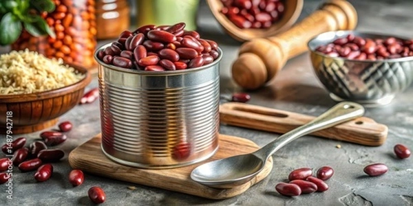 Fototapeta A can of red beans opened on a kitchen counter , kitchen utensils, opened tin,  kitchen utensils
