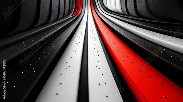 Fototapeta Red, white, black lines curve into abstract tunnel background