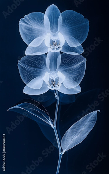 Fototapeta X-Ray Style Image of Two Orchid Flowers and Leaves on Dark Blue Background