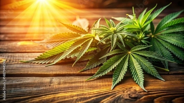 Fototapeta Dense marijuana plant leaves on a wooden table with a warm light source , botanicals, foliage,  botanicals, foliage