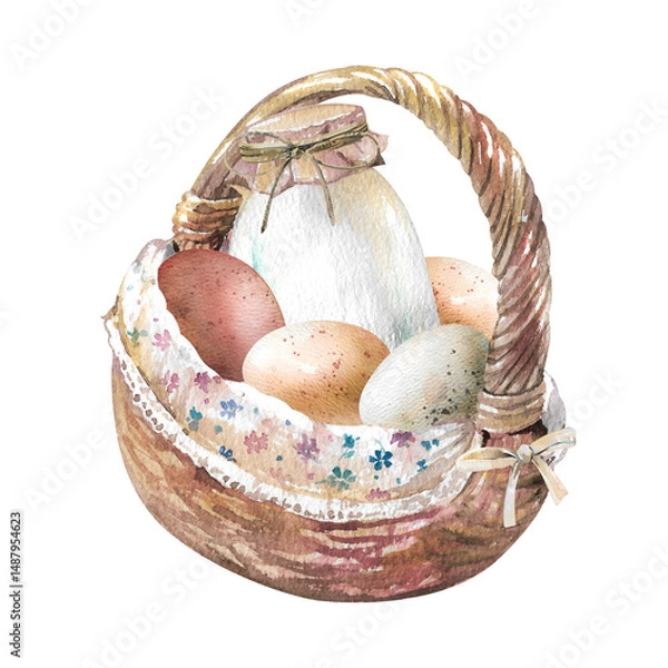 Fototapeta Wicker basket with handle and cloth filled with fresh eggs and bottle of milk hand drawn watercolor illustration isolated on white background. Rustic element for farm design, easter greeting cards