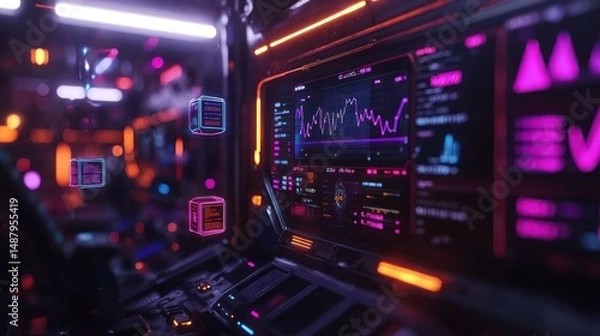 Obraz Futuristic control room with glowing interfaces displaying data and analytics in a sci-fi environment
