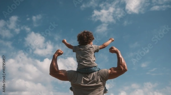 Fototapeta Father Flexes Biceps with Son on Shoulders, Greenery Background, Park or Golf Course, Jeans and T-Shirt, Displaying Strength and Power