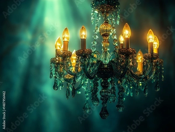 Obraz Illuminated Crystal Chandelier Against a Dramatic Teal Backdrop Casting Light Rays