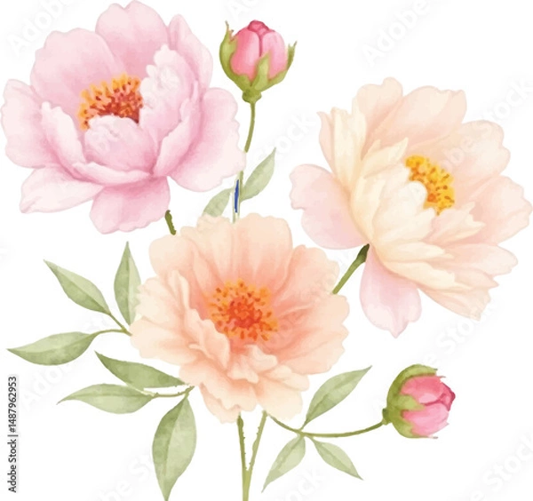 Fototapeta Elegant Watercolor Painting of Delicate Pink and Peach Peonies with Buds and Greenery