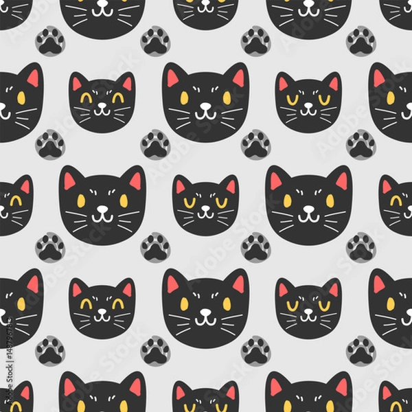 Fototapeta Cute black kitten hand drawn, seamless vector design for print on fabric and other uses.