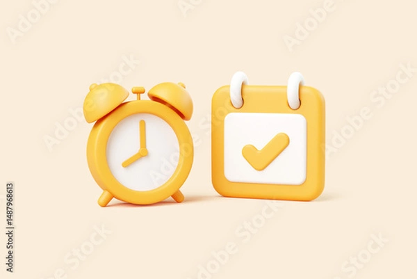 Fototapeta 3D alarm clock and calendar icon with check mark on beige background