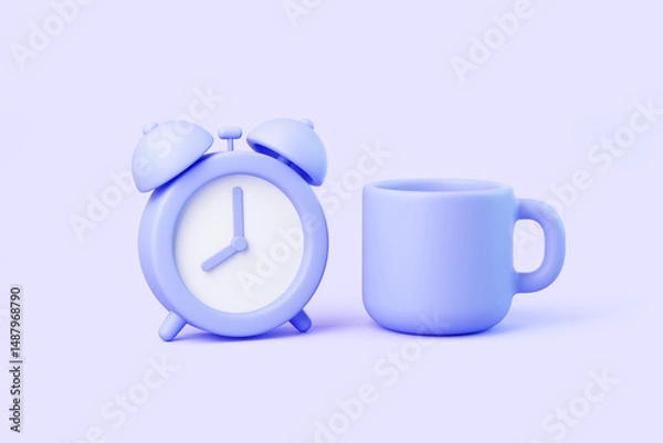 Obraz Pastel violet 3D alarm clock and mug on soft background