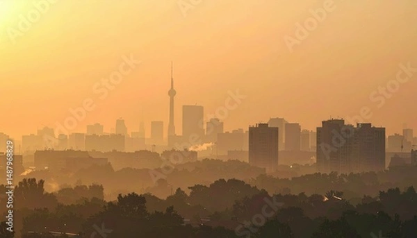 Fototapeta Hazy Cityscape with Air Pollution and Gritty Atmosphere at Sunset