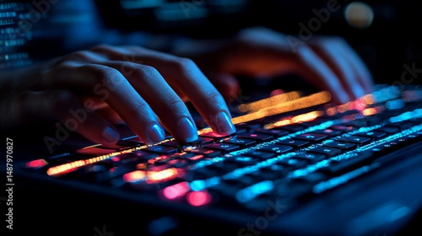 Fototapeta Hands typing code on illuminated keyboard with data stream background