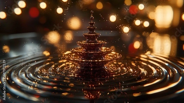 Obraz Golden, tiered structure atop rippling liquid surface.