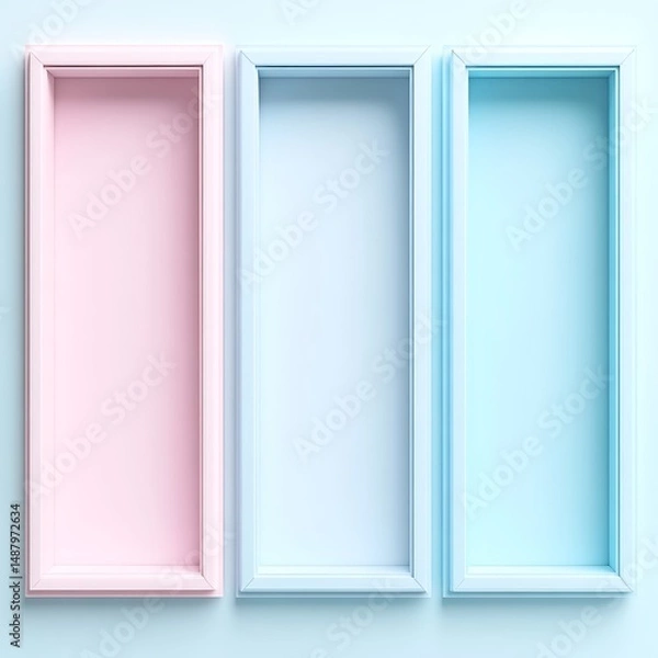 Fototapeta Three pastel colored empty picture frame photo conceptual presentation on light blue background.