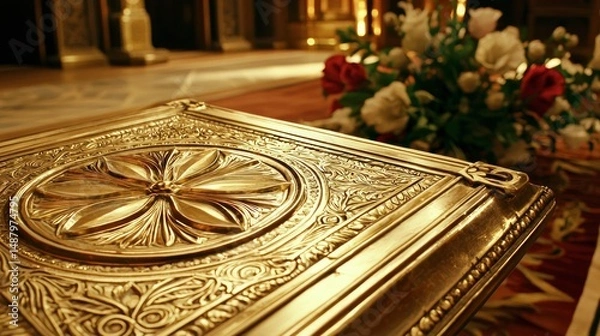 Obraz Ornate golden box with intricate carvings.