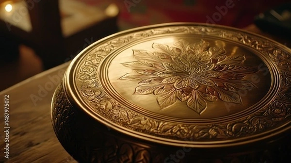 Obraz Ornate brass tabletop decorative piece, detailed close-up view.