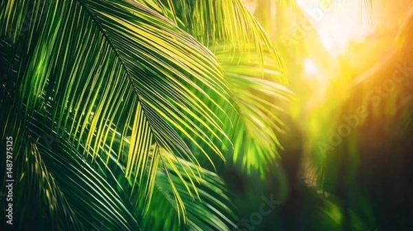 Obraz Lush tropical leaves illuminated by golden sunlight.