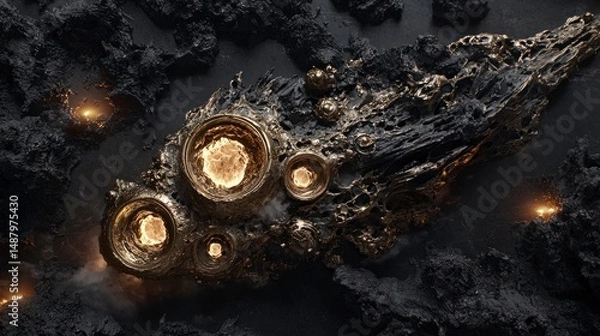 Fototapeta Abstract metallic object on a dark surface.