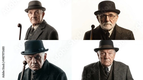 Fototapeta Four old men in bowler hats, serious, posed portraits on a plain white background