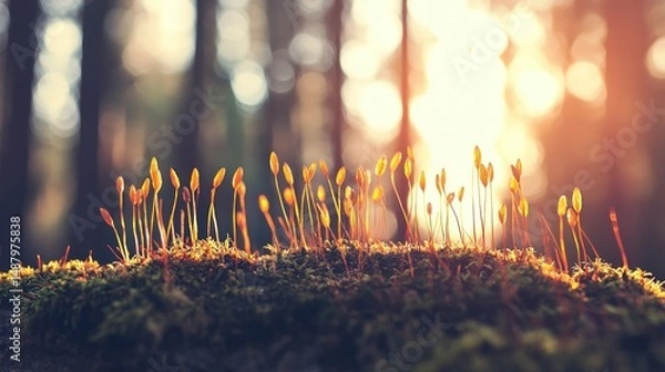 Obraz Golden sprouts emerging from forest moss at sunrise.