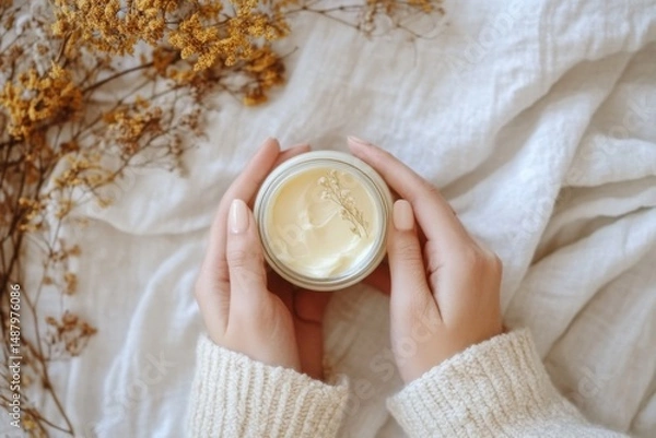 Fototapeta Woman's hands gently holding a jar of cream surrounded by dried flowers on a soft fabric background, showcasing natural beauty and skincare routine in a serene setting