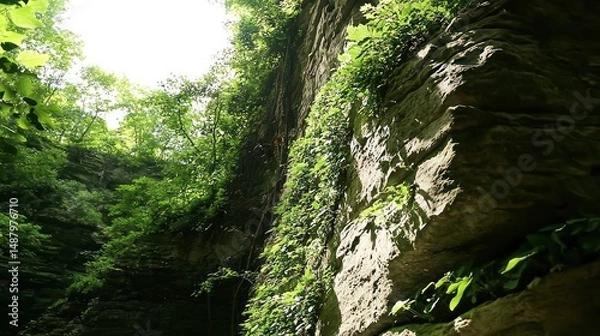 Obraz Sunlight filtering through lush vegetation on rocky canyon walls.