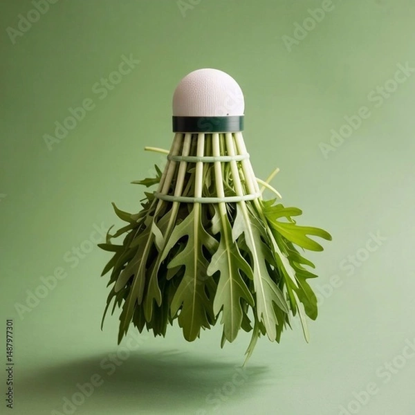 Fototapeta Salad shuttlecock: image shows a badminton shuttlecock with its feathers replaced by fresh arugula leaves, creating an unusual and creative composition on a green background