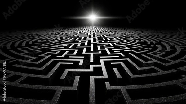 Fototapeta Escape exit minimalist. A complex, circular maze with a glowing light at the center, symbolizing challenge and hope in a dark environment.