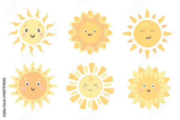 Fototapeta Vector sun. Cute children's illustration on a white background. Cheerful orange sun smiling
