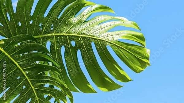 Obraz Lush tropical leaves with water droplets against a vivid blue sky.