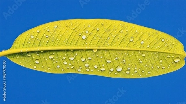 Obraz Close-up view of a vibrant yellow leaf with water droplets.
