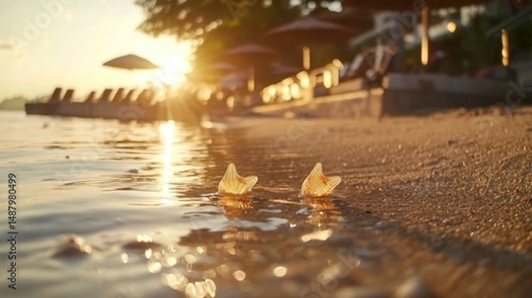 Obraz Golden sunset seascape with small shells on the shore.