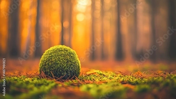 Obraz Autumnal forest scene with mossy sphere.