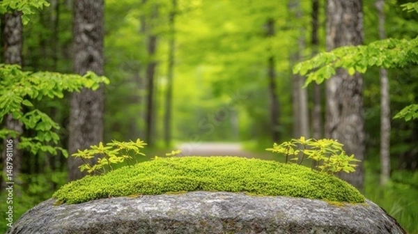 Obraz Lush green forest path with moss-covered stone.