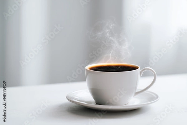 Fototapeta Steaming hot coffee in white mug on table