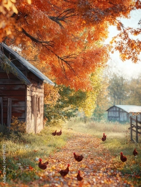 Fototapeta Beautiful landscape of a rural area during autumn. the sky is blue and the trees are covered in orange and yellow leaves, creating a warm glow.
