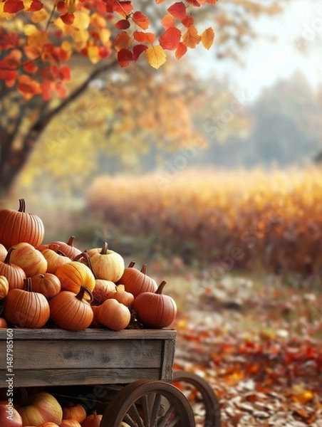 Obraz Beautiful autumn scene with a wooden cart filled with pumpkins. the cart is placed on a bed of fallen leaves, and the pumpkins are of various sizes and colors, including orange, yellow, and red.