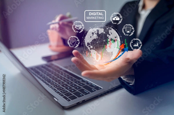Obraz Digital Marketing Strategy Visualized with Global Data and Analytics