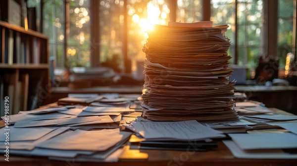 Fototapeta Paper stack on desk, sunset through window, cluttered office