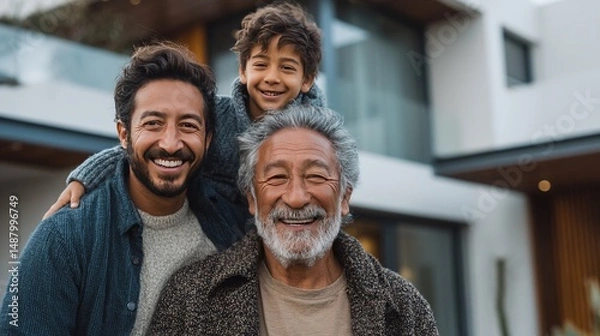 Fototapeta Joyful family portrait: Father, son, and grandfather smilingly sitting together, grandfather carrying son on shoulders, in front of modern house, daylight