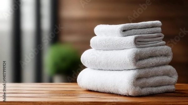 Fototapeta Stack of white towels on wooden table Bathroom setting with space for text Realistic texture and decor