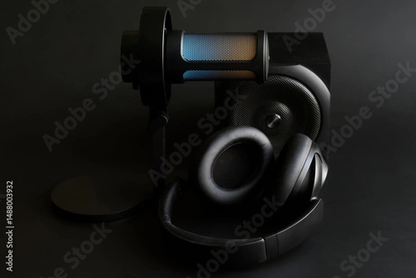 Fototapeta Wide-angle shot of an LED-illuminated microphone, speaker and headphones on a black surface, perfect for podcast and live stream branding. Photo
